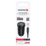 Adapter Swissten Mini Car Charger USB-C PD + USB-A, 20W + cabel USB-C / USB-C, 1 m