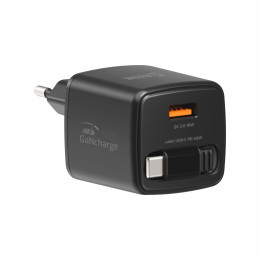 Adapter Swissten SlideCharge Gan 45W, 1X USB-A 18W + kabel USB-C 0,75 m crna černá