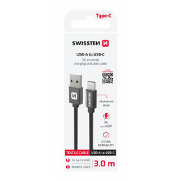 Kabeli za punjenje i sinhronizaciju Swissten Textile USB / USB-C 3 m crna černá