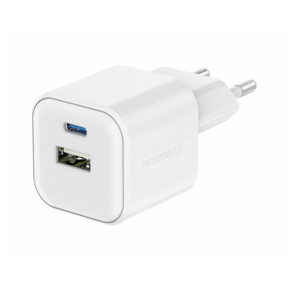 Punjač Swissten TRAVEL CHARGER GaN 1x USB-C 20W PD AND 1x USB-A 18W QC bijela