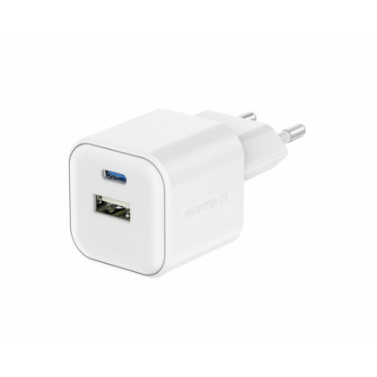 Punjač Swissten TRAVEL CHARGER GaN 1x USB-C 35W PD + 1x USB-A 27W QC bijela