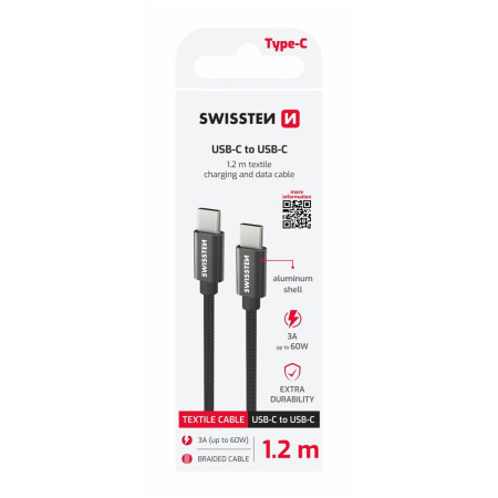 Kabeli za punjenje i sinhronizaciju Swissten Textile USB-C / USB-C 1,2 m crna černá