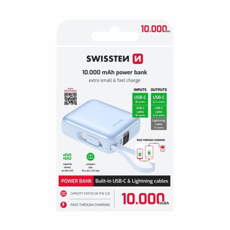 Power bank eksterne baterije Swissten Space 10000 mAh USB-C + Lightning plava modrá
