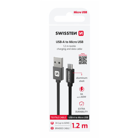 Kabeli za punjenje i sinhronizaciju Swissten Textile USB / USB-C 2 m crna černá