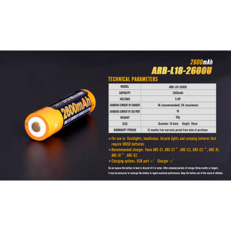 Baterija na punjenje Fenix 18650 2600 mAh USB Li-ion