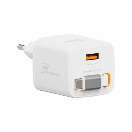 Adapter Swissten SlideCharge Gan 45W, 1X USB-A 18W + kabel USB-C 0,75 m bijela bílá