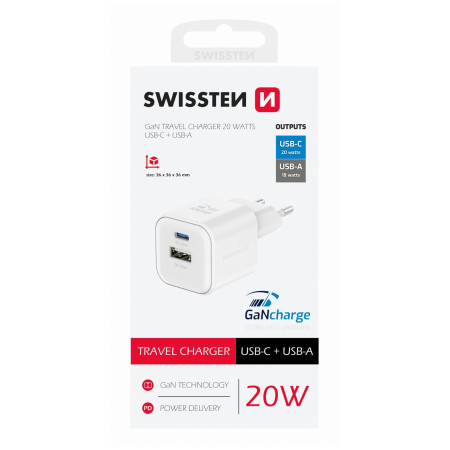 Punjač Swissten TRAVEL CHARGER GaN 1x USB-C 20W PD AND 1x USB-A 18W QC