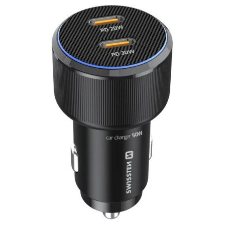 Adapter Swissten Car Charger 2X USB-C PD, 50W + cabel USB-C / USB-C, 1 m