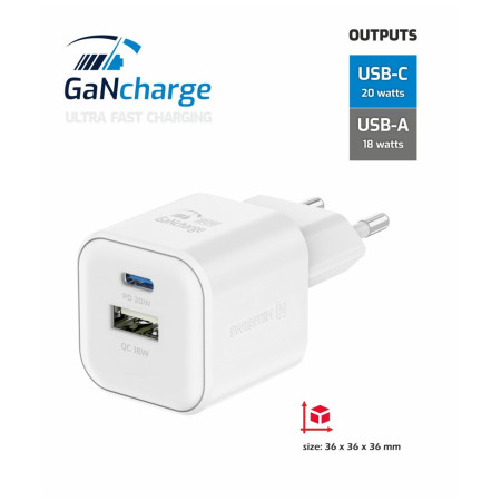 Punjač Swissten TRAVEL CHARGER GaN 1x USB-C 20W PD AND 1x USB-A 18W QC