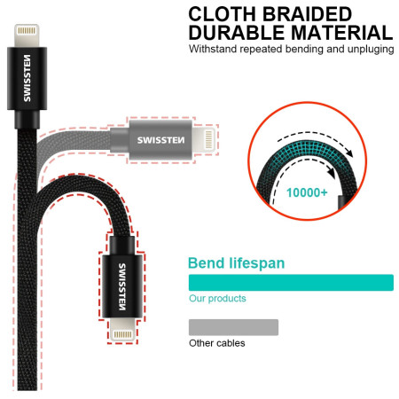 Kabeli za punjenje i sinhronizaciju Swissten Textile USB-C / Lightning 2 m