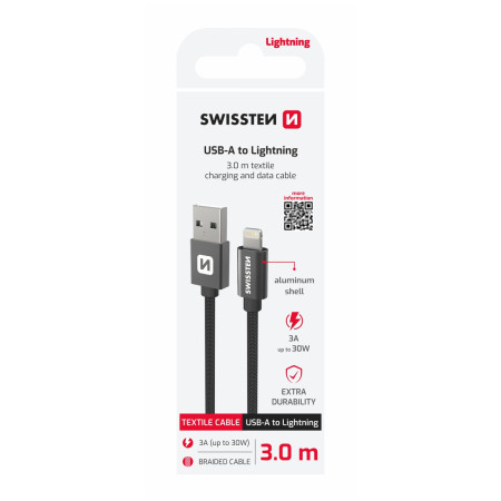 Kabeli za punjenje i sinhronizaciju Swissten Textile USB / Lightning 3 m crna černá