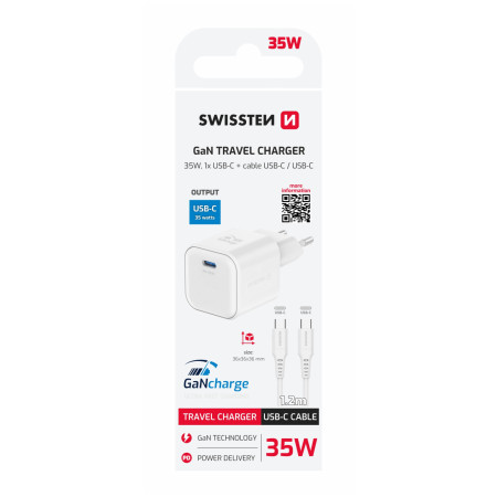 Adapter Swissten GaN 1X USB-C 35W + USB-C kabel za prijenos podataka 1,2 m