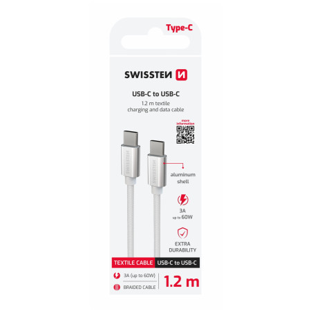 Kabeli za punjenje i sinhronizaciju Swissten Textile USB-C / USB-C 1,2 m srebrena stříbrná