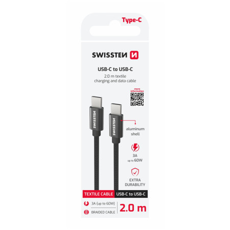 Kabeli za punjenje i sinhronizaciju Swissten Textile USB-C / USB-C 2 m crna černá