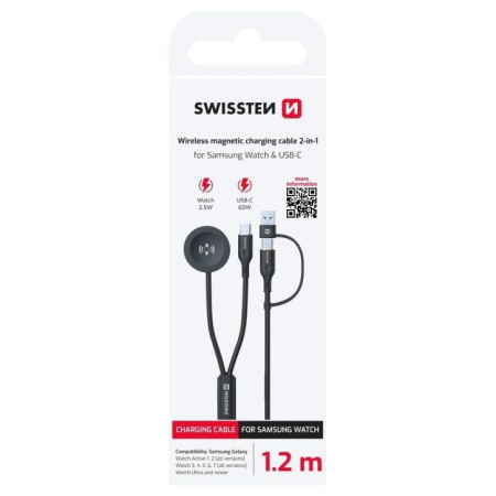 Kabeli za punjenje i sinhronizaciju Swissten Wireless magnetic charging cable 2in1 for Samsung Watch + USB-C 1,2 m