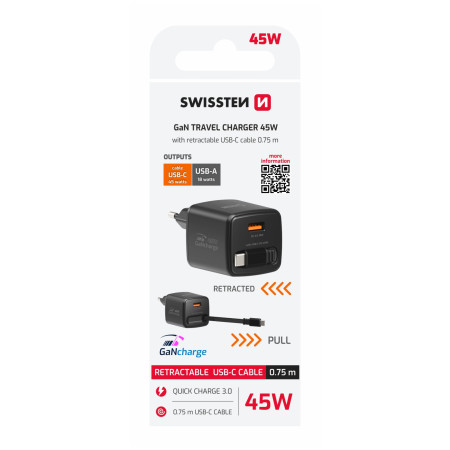 Adapter Swissten SlideCharge Gan 45W, 1X USB-A 18W + kabel USB-C 0,75 m