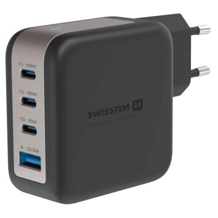 Adapter Swissten GaN Travel Charger 100W 3X USB-C PD + USB-A