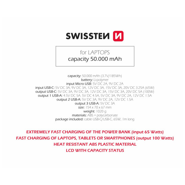 Power bank eksterne baterije Swissten Power Line 50000 mAh 100W